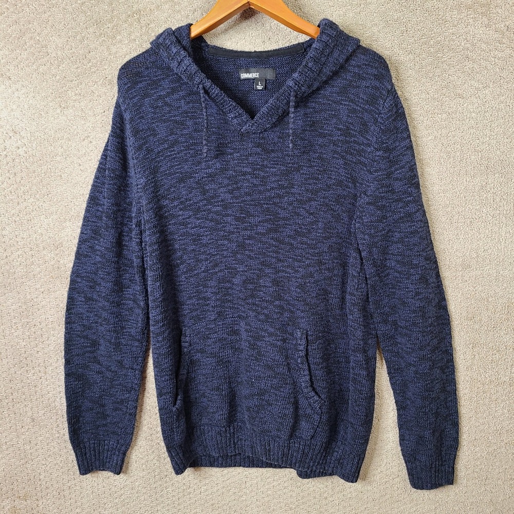Commerce Sweater Mens Large Blue Marled Hoodie Pullover Cotton Blend Knit